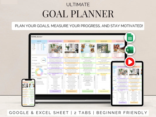 Goal planner google sheets monthly yearly SMART goals setting excel spreadsheet template new year
