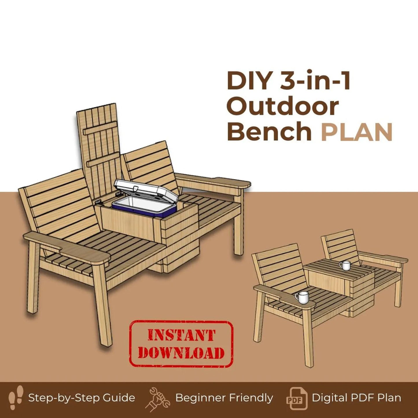 Outdoor 3-in-1 Bench PDF Plan – DIY Double Seating with Hidden Cooler & Flip-Top Table