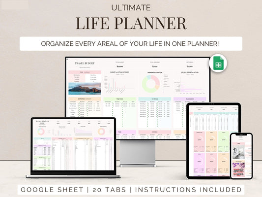 Life planner google sheets budget tracker productivity planner daily checklist digital calendar 2025 habits