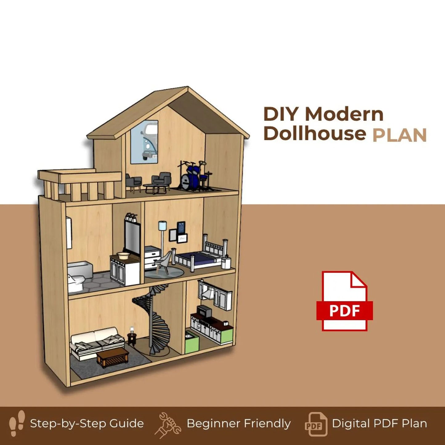 Dollhouse Plan PDF: Three-Level Modern Design with Balcony (Digital Download)