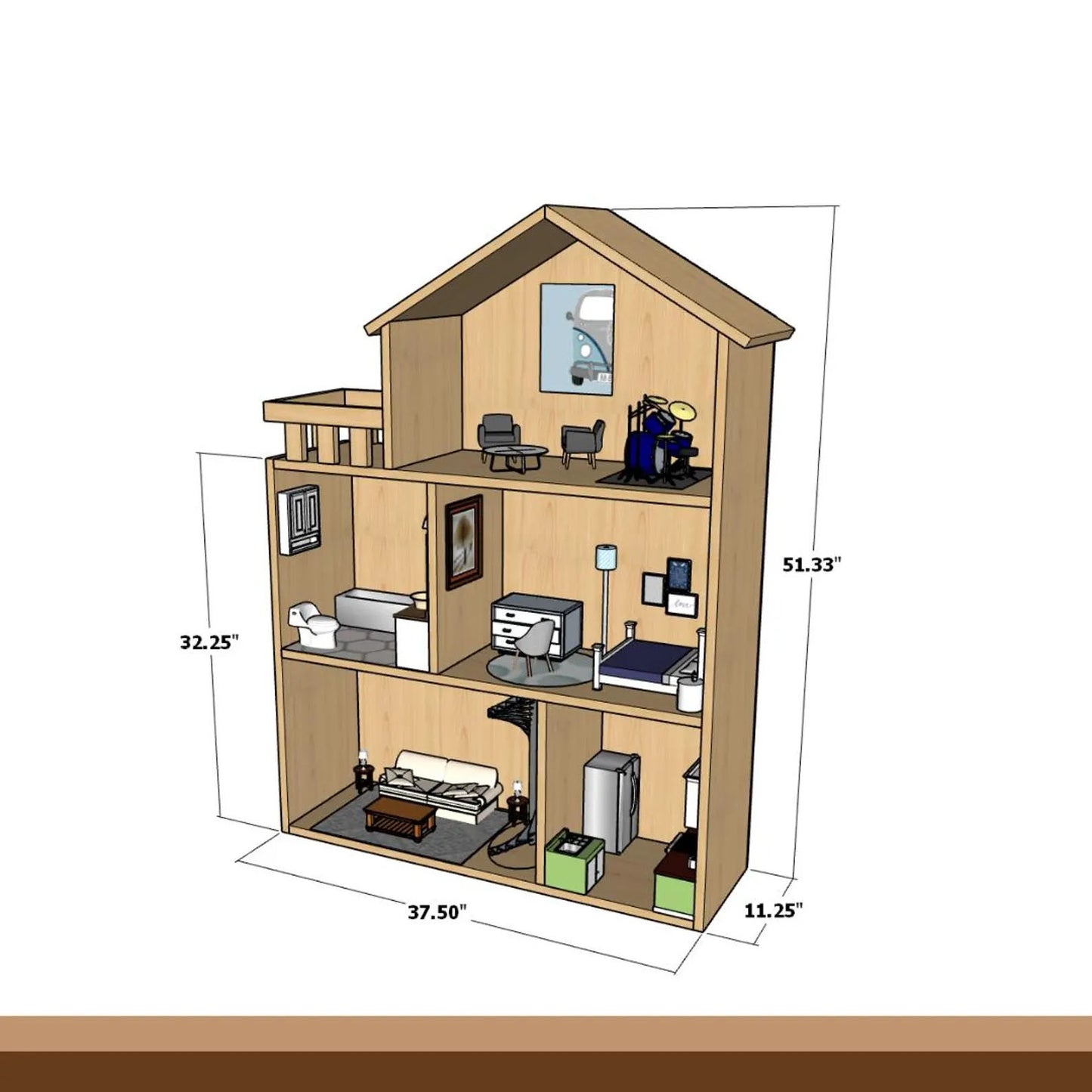 Dollhouse Plan PDF: Three-Level Modern Design with Balcony (Digital Download)